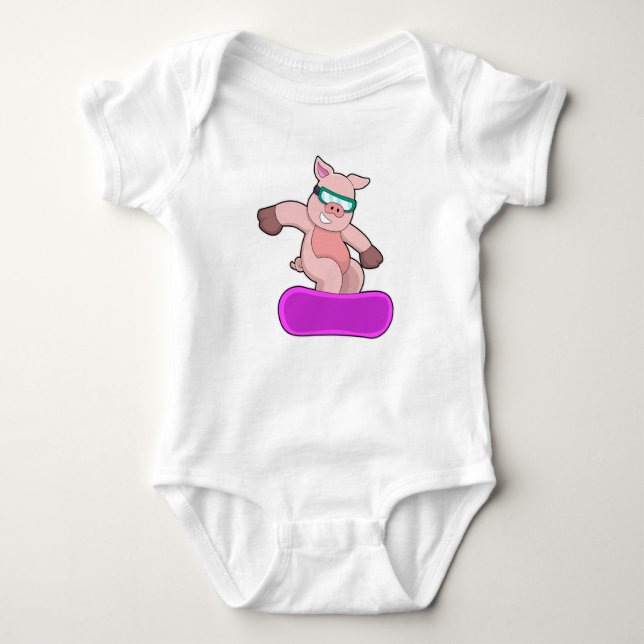 Pig at Snowboard Sports & Ski goggles Baby Bodysuit (Front)