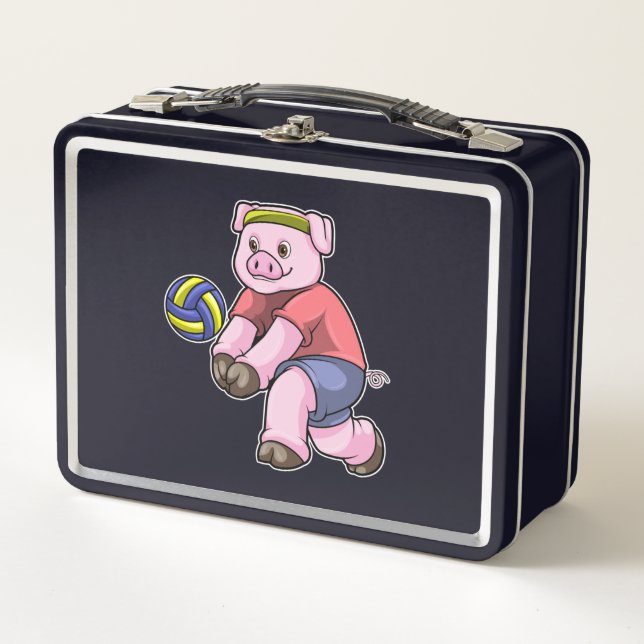 Pig at Sports with Volleyball Metal Lunch Box (Front)