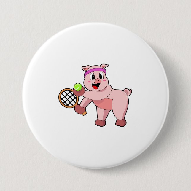 Pig at Tennis with Tennis racket 7.5 Cm Round Badge (Front)