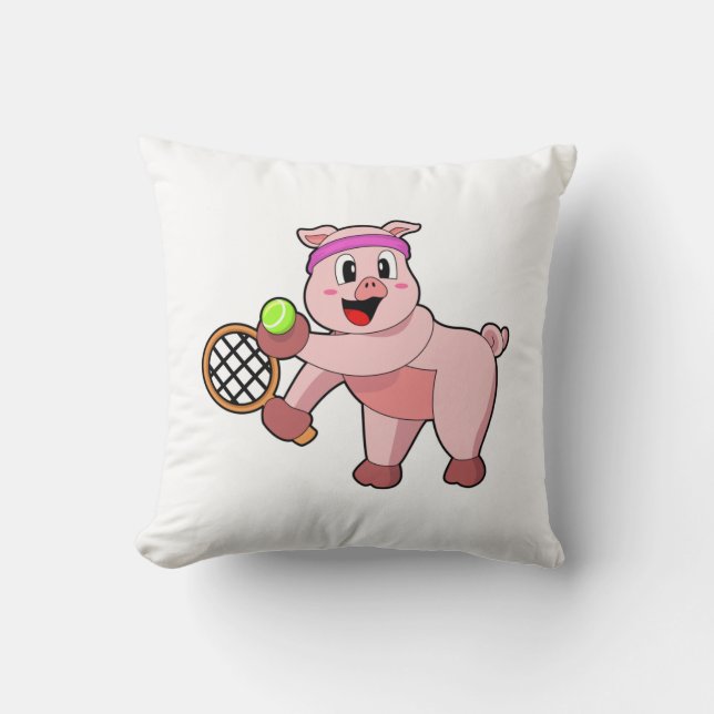 Pig at Tennis with Tennis racket Cushion (Front)