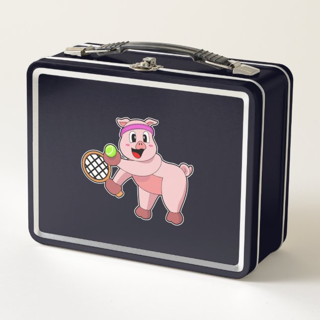 Pig at Tennis with Tennis racket Metal Lunch Box (Front)
