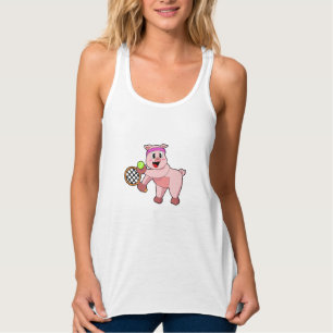 Pig at Tennis with Tennis racket Singlet