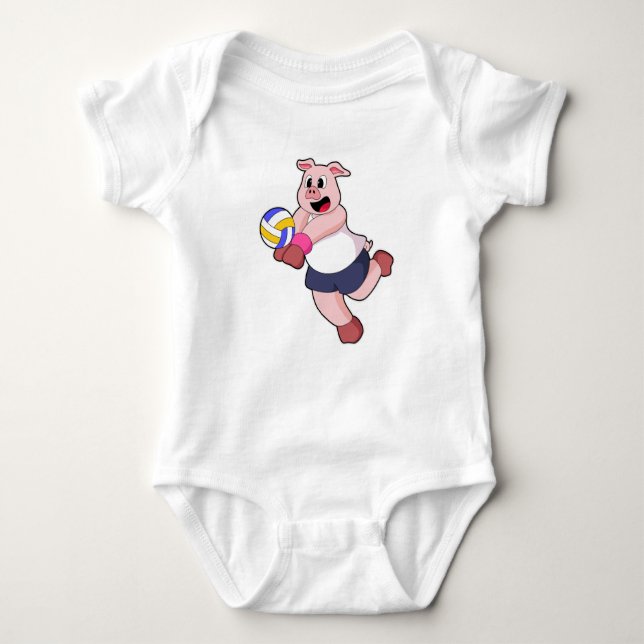 Pig at Volleyball Sports Baby Bodysuit (Front)