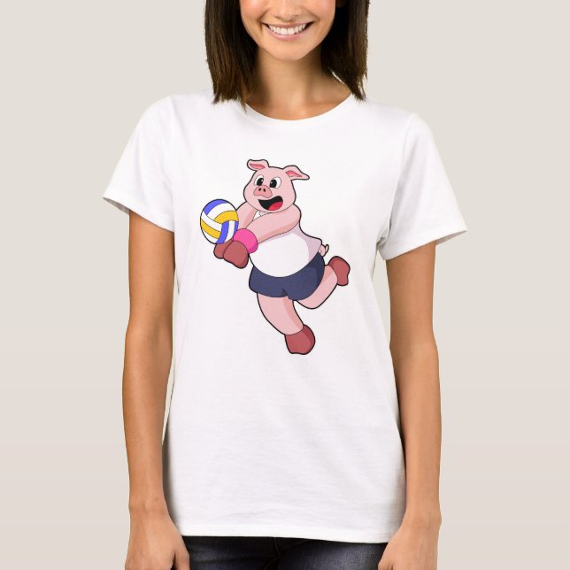 Pig at Volleyball Sports T-Shirt (Front)