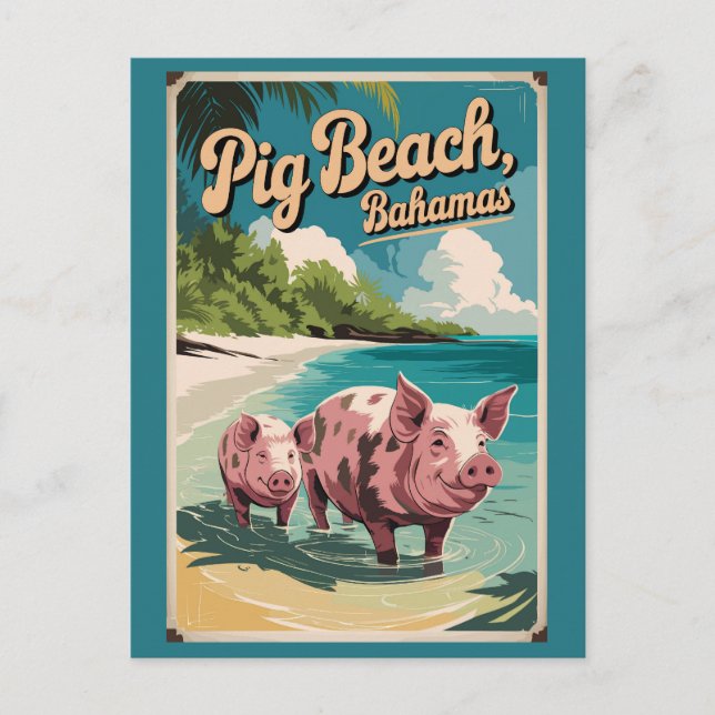 Pig Beach Bahamas Travel Art Vintage Postcard (Front)