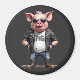 Pig Biker Rebel in Leather Jacket Cool Style Urban Magnet