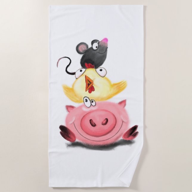 Pig Chicken and Mouse Friends Funny Beach Towel (Front)