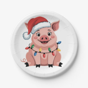 Pig Christmas Santa Hat Xmas Holiday Xmas Pigmass Paper Plate