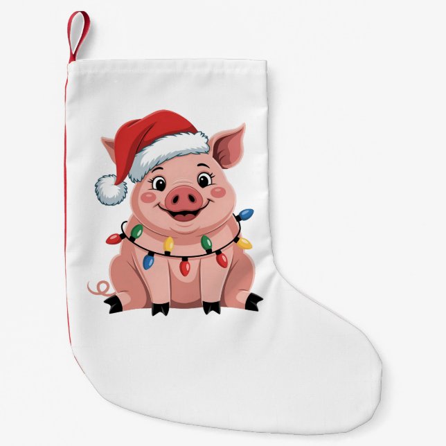 Pig Christmas Santa Hat Xmas Holiday Xmas Pigmass Small Christmas Stocking (Front)