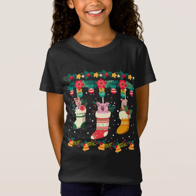 Pig Christmas Stocks X-mas Lights Pajama Matching  T-Shirt (Front)