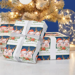Pig Couple Cute Christmas Santa and Reindeer Wrapping Paper