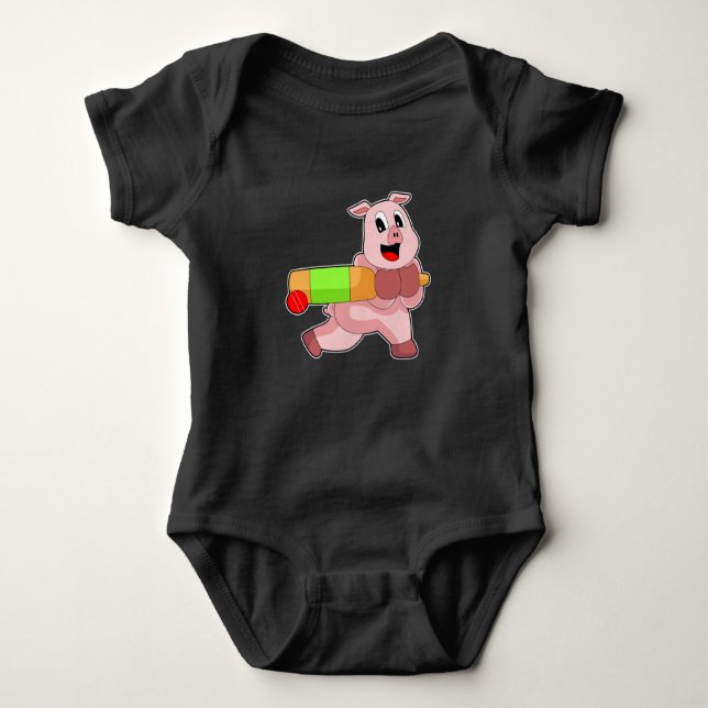 Pig Cricket Cricket bat Baby Bodysuit (Front)