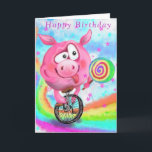 Pig Cyclist with Lollipop Funny Birthday Card<br><div class="desc">Funny Birthday Cards with Happy Circus Acrobat Pig Cyclist Licks Lollipop - MIGNED Painting - Customisable</div>