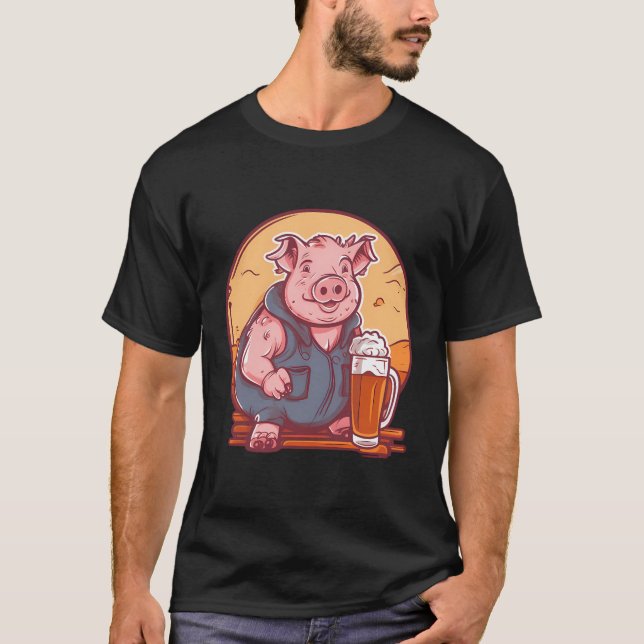 Pig Drinks Beer Design Pig Farmer T-Shirt (Front)