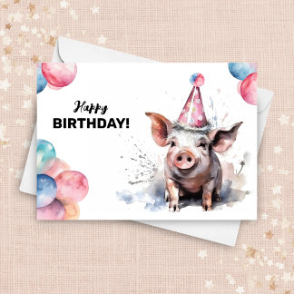 Pig Farm Animal Watercolor Portrait Happy Birthday Card