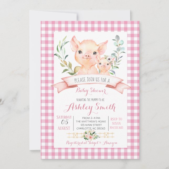 pig farm baby shower invitation pink girl (Front)