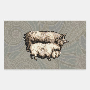 Pig Farm Country Antique Illustration Art Rectangular Sticker