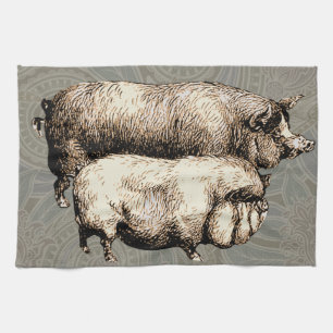 Pig Farm Country Antique Illustration Art Tea Towel