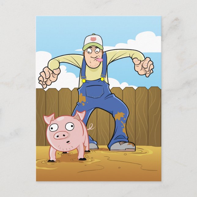 Pig Farmer Sneaking up On Pig Postcard (Front)
