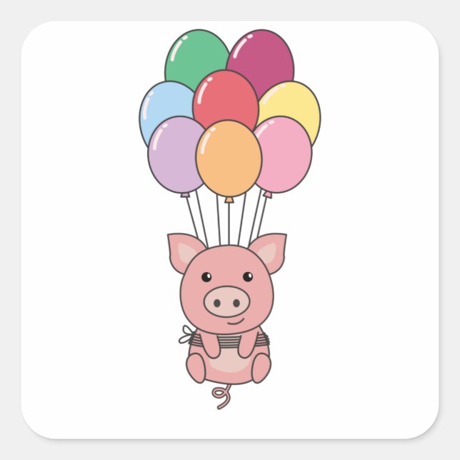 Pig Flies Up With Colourful Balloons Square Sticker (Front)