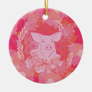 pig,flower of life, blue, mandala,zen,chakra,patt ceramic tree decoration