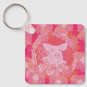 pig,flower of life, blue, mandala,zen,chakra,patt key ring