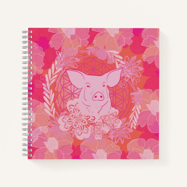 pig,flower of life, blue, mandala,zen,chakra,patt notebook (Front)
