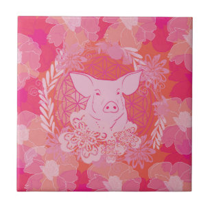 pig,flower of life, blue, mandala,zen,chakra,patt tile