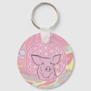 pig,flower of life, rose, mandala,zen,chakra, key ring