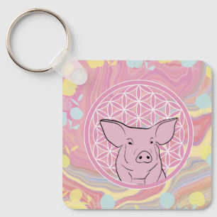 pig,flower of life, rose, mandala,zen,chakra, key ring