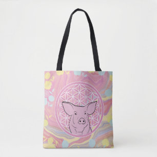 pig,flower of life, rose, mandala,zen,chakra, tote bag