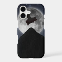 Pig flying past full moon