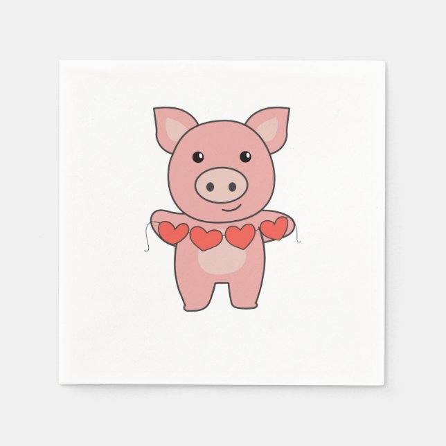Pig For Valentine's Day Cute Animals With Hearts Napkin (Front)
