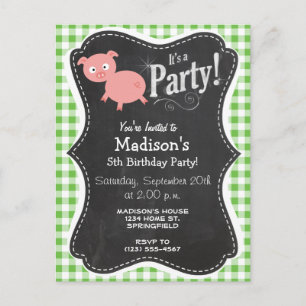 Pig; Green Gingham Invitation Postcard