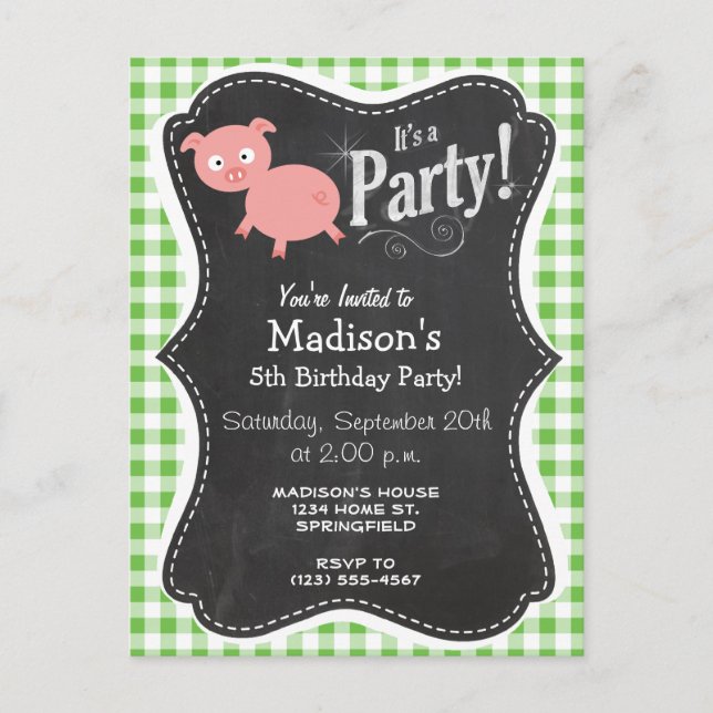 Pig; Green Gingham Invitation Postcard (Front)