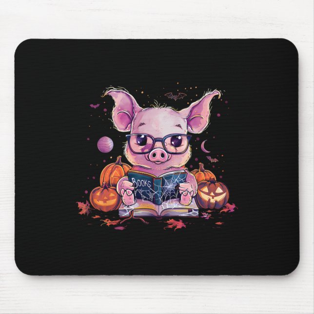 Pig Halloween Costume Pumpkin Witchcraft Book Read Mouse Pad (Front)
