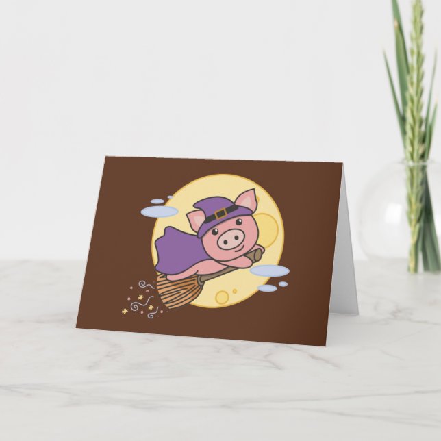 Pig Halloween Witch Kids Witches Costume Holiday Card (Front)