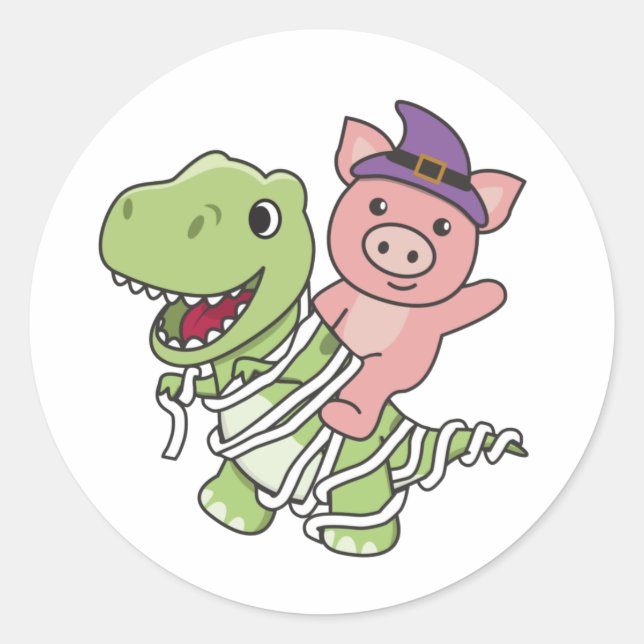 Pig Happy Halloween T-rex Mummy Costume Classic Round Sticker (Front)