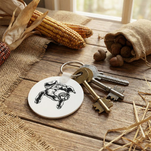 Pig Head Farm Animal Drawing in Black White Key Ring