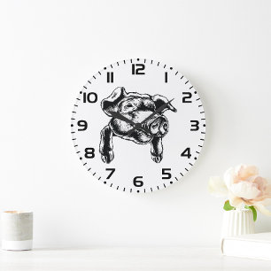 Pig Head Farm Animal Drawing in Black White Large Clock
