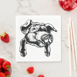 Pig Head Farm Animal Drawing in Black White Napkin