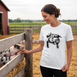 Pig Head Farm Animal Drawing in Black White T-Shirt