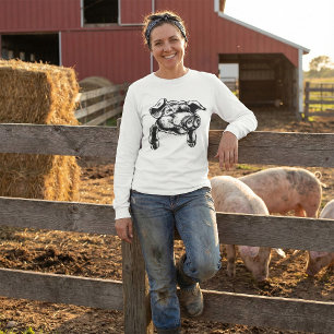 Pig Head Farm Animal Drawing in Black White T-Shirt