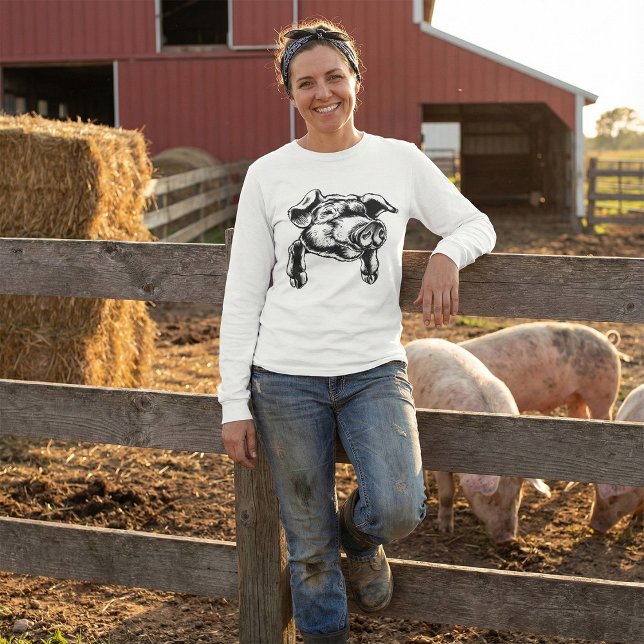 Pig Head Farm Animal Drawing in Black White T-Shirt (Creator Uploaded)