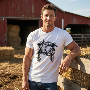 Pig Head Farm Animal Drawing in Black White T-Shirt