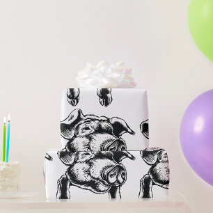 Pig Head Farm Animal Drawing in Black White Wrapping Paper