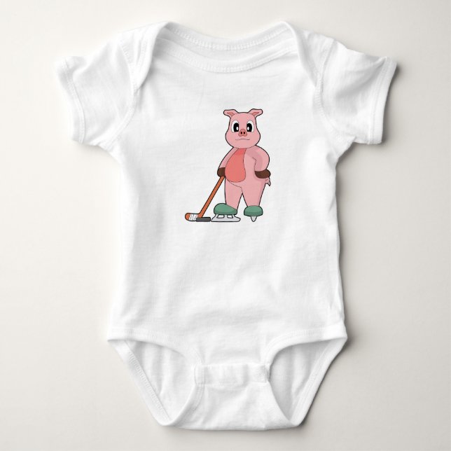 Pig Ice hockey Ice hockey stick Baby Bodysuit (Front)