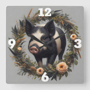 Pig in a Floral Wreath Square Wall Clock