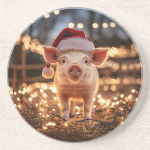 Pig in a Santa Hat Round Coaster