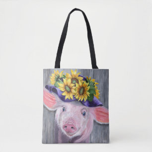 Pig in Flowered Hat Tote Bag